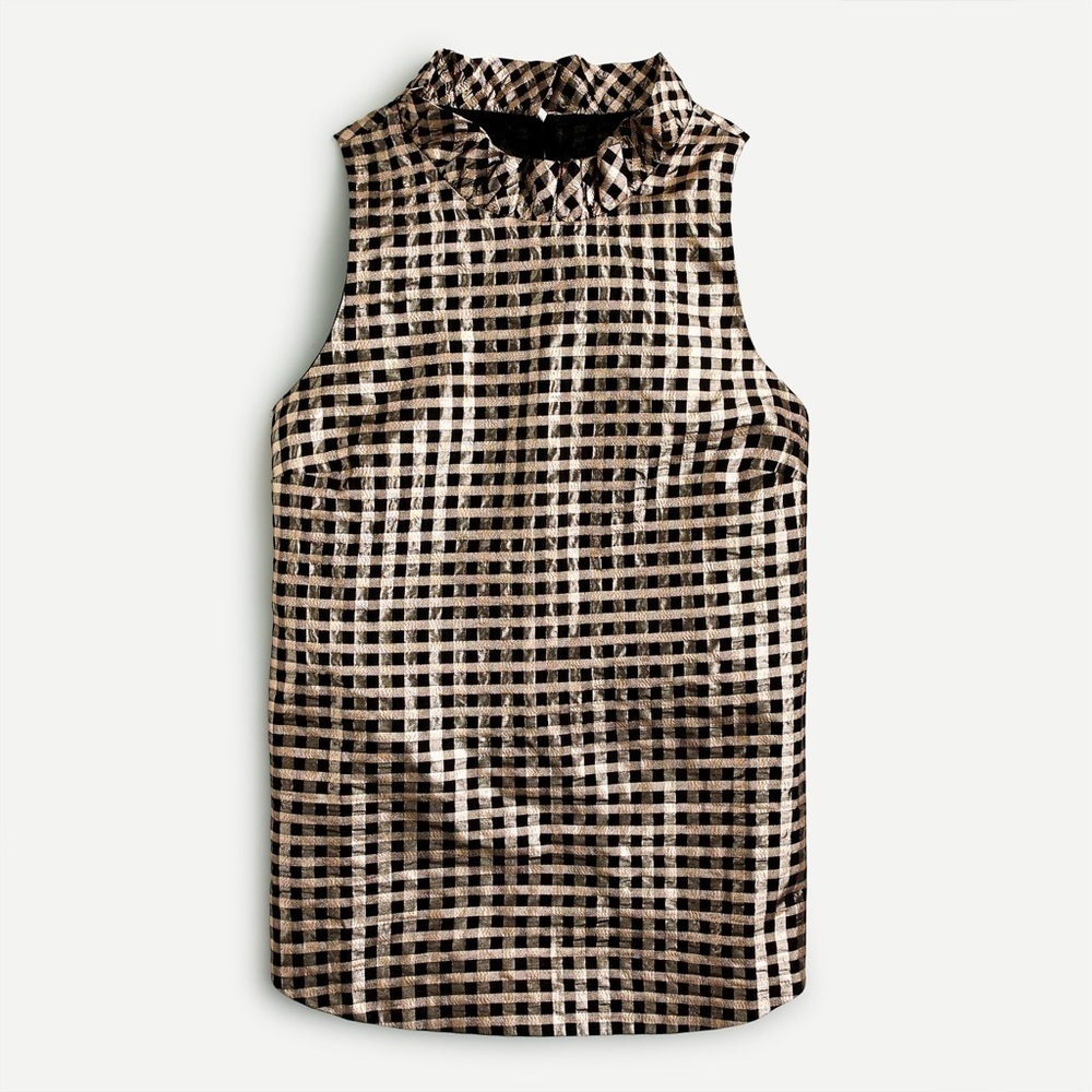 NWT J. Crew Ruffle-neck Sleeveless Top in Lurex Crinkle gingham Copper Black